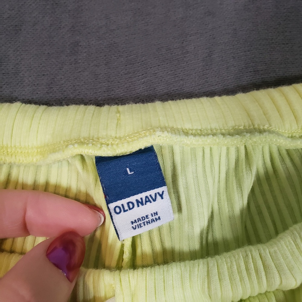 Old Navy Slouchy Barrel Pants Womens L Yellow Lime Ribbed Side Stripe Lounge - Picture 5 of 10